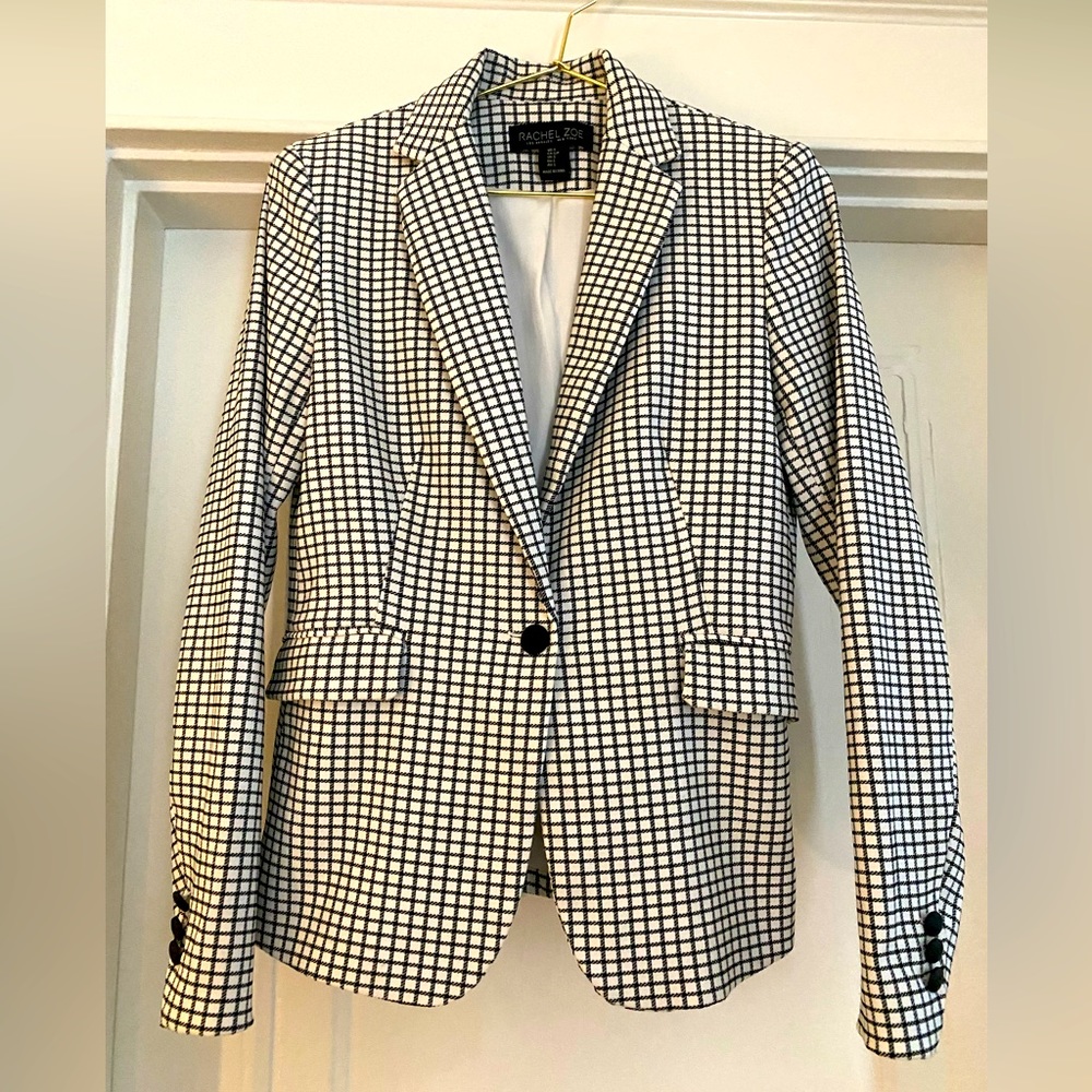 Rachel Zoe Black White Blazer Plaid Windowpane Button Front Tailored Style Sz Sm